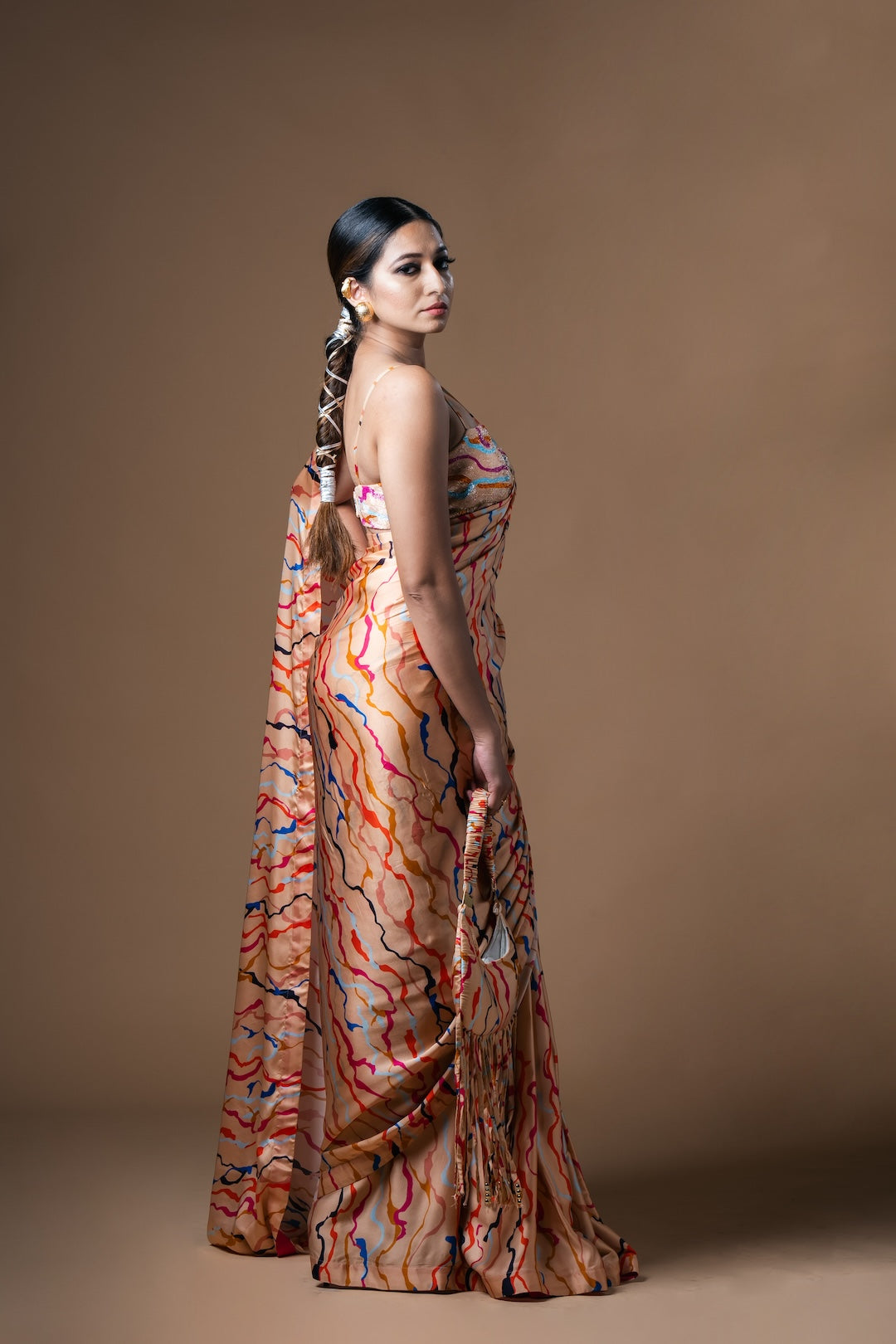 Cream Waves Drawstring Drape Satin Saree - Khushboo Haran Borkar