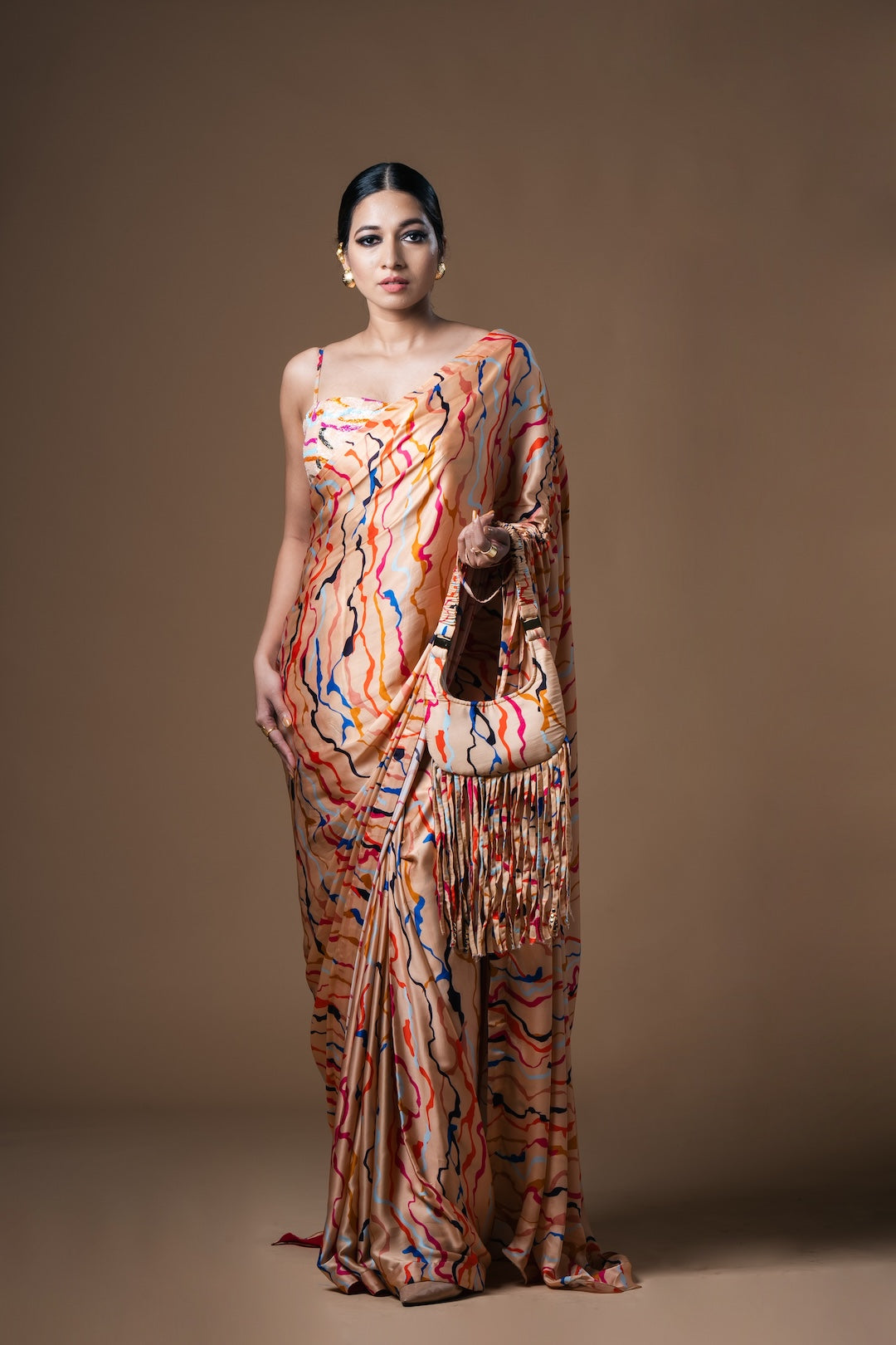Cream Waves Drawstring Drape Satin Saree - Khushboo Haran Borkar