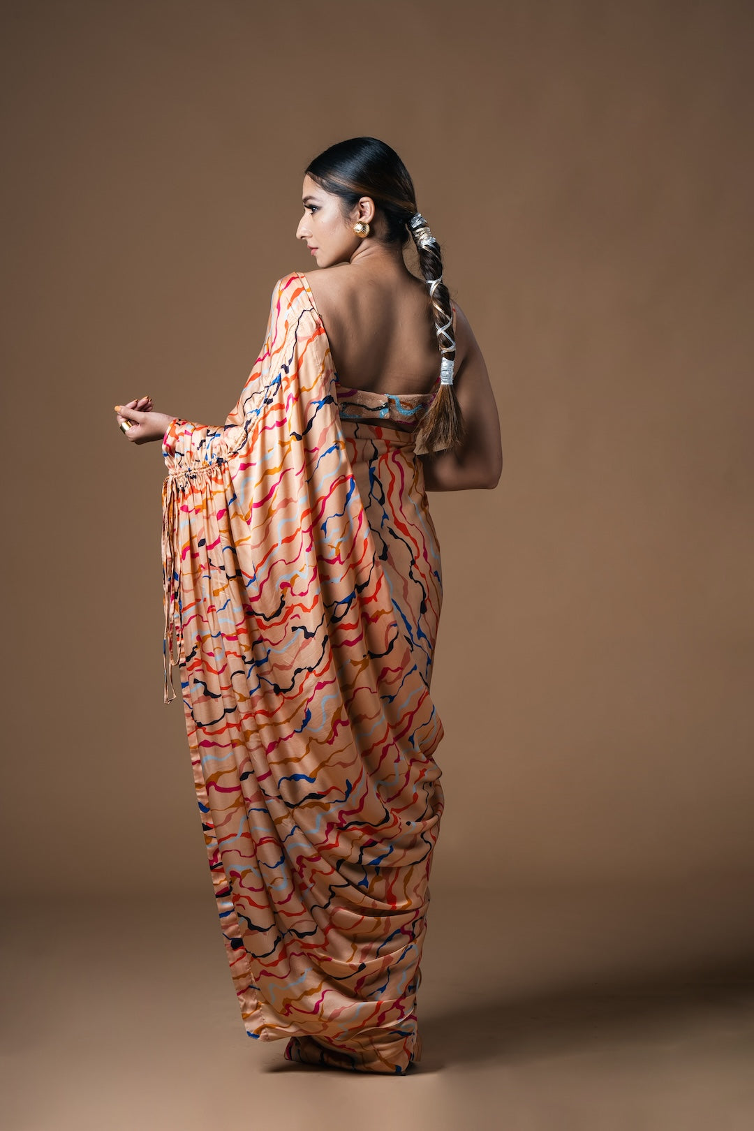 Cream Waves Drawstring Drape Satin Saree - Khushboo Haran Borkar