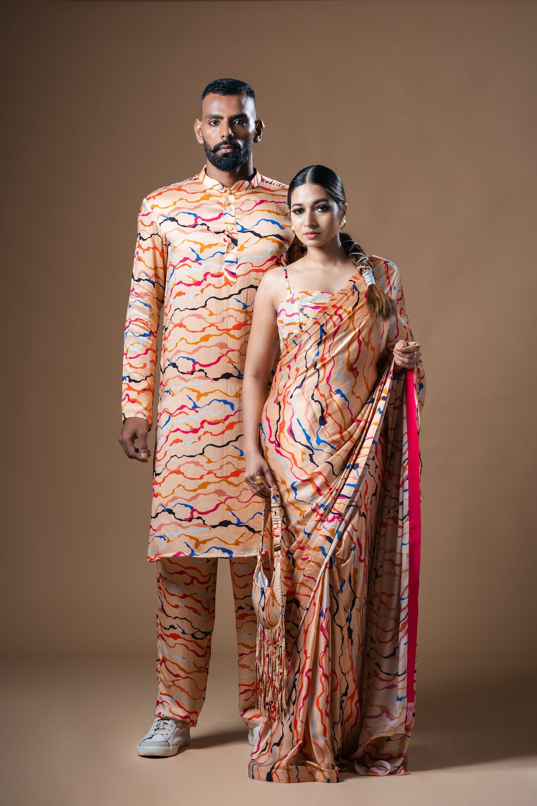 Cream Waves Drawstring Drape Satin Saree - Khushboo Haran Borkar
