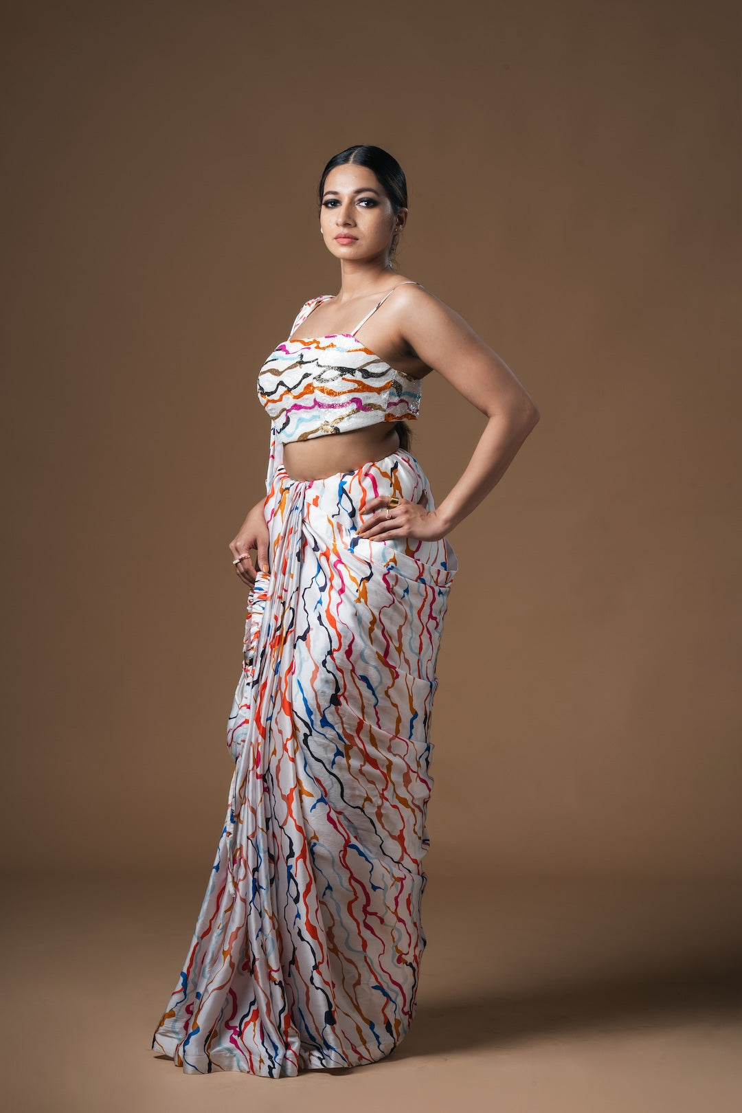 White Waves Drawstring Drape Satin Saree - Khushboo Haran Borkar