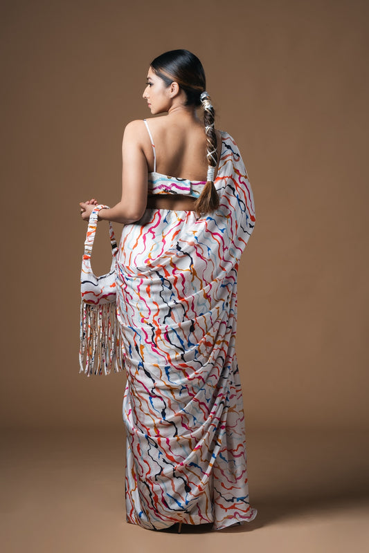 White Waves Drawstring Drape Satin Saree - Khushboo Haran Borkar