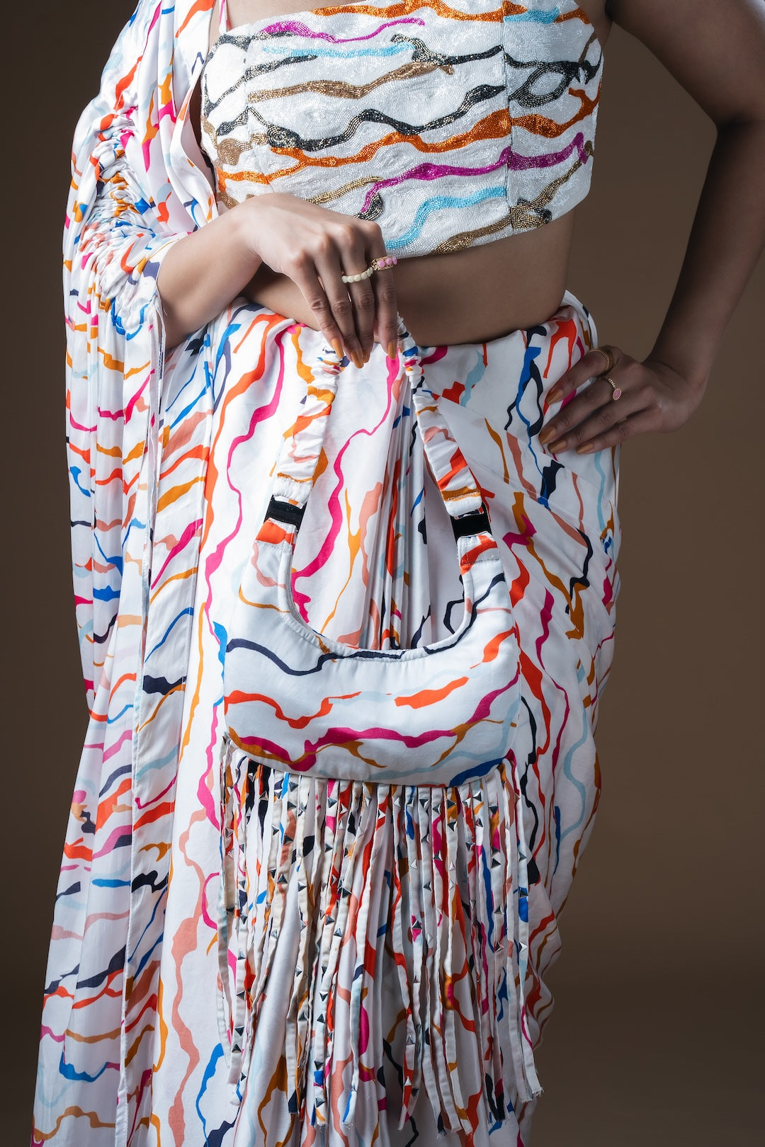 White Crescent Shoulder Bag With Tassels - Khushboo Haran Borkar