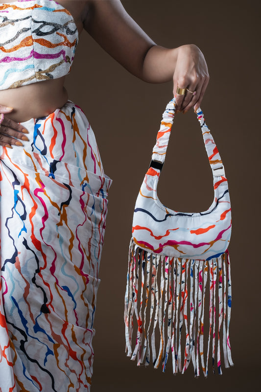 White Crescent Shoulder Bag With Tassels - Khushboo Haran Borkar