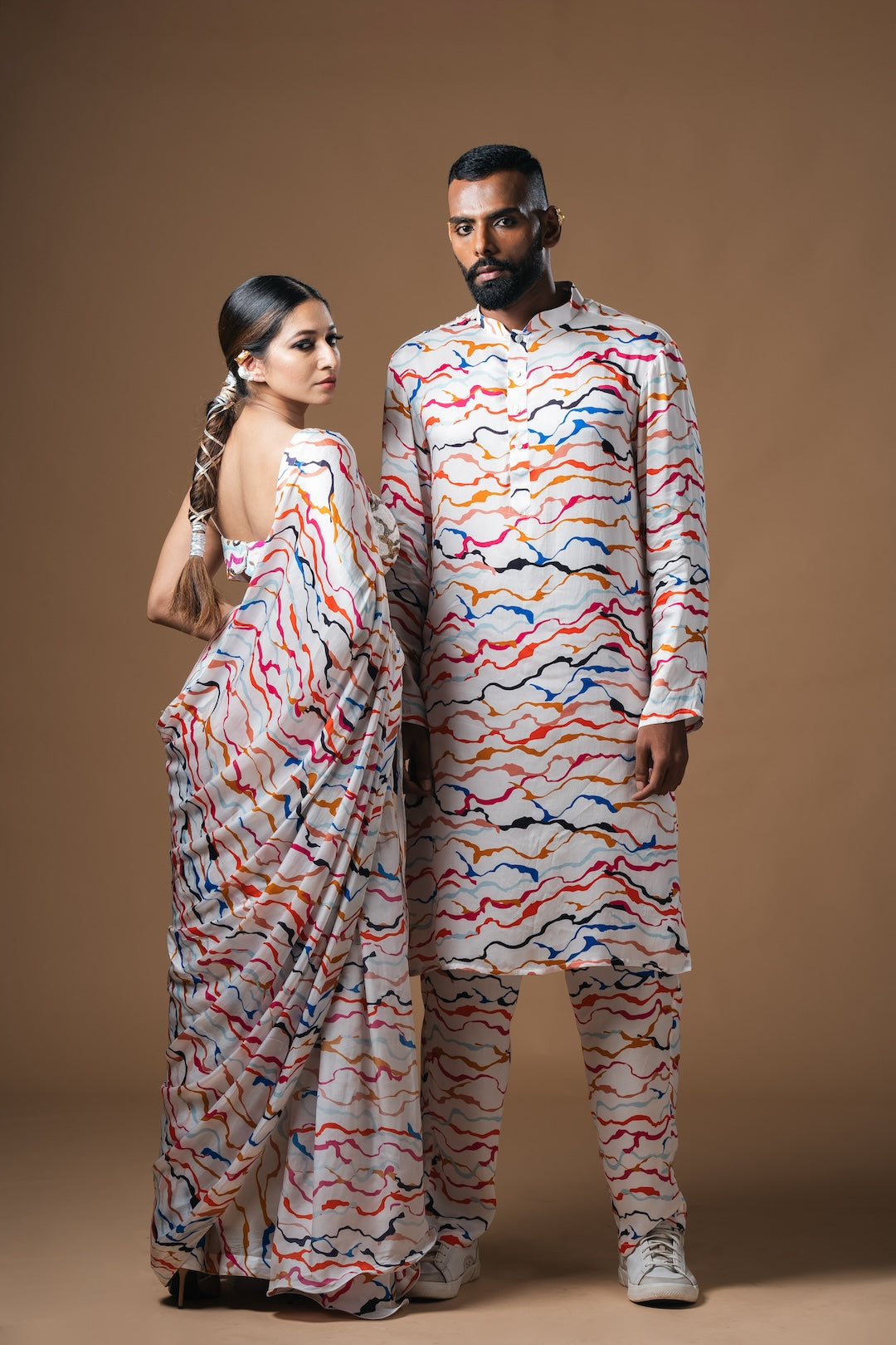 White Waves Drawstring Drape Satin Saree - Khushboo Haran Borkar
