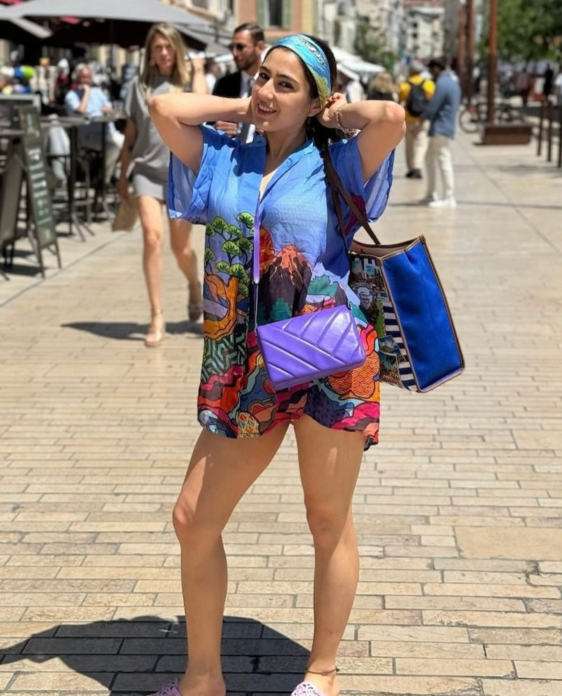Sara Ali Khan in Magenta Top With Blue Co Ord Set