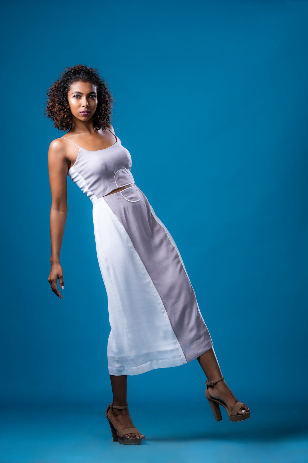 Sepia Grey And White Colour Blocked Cami Midi Dress - Khushboo Haran Borkar