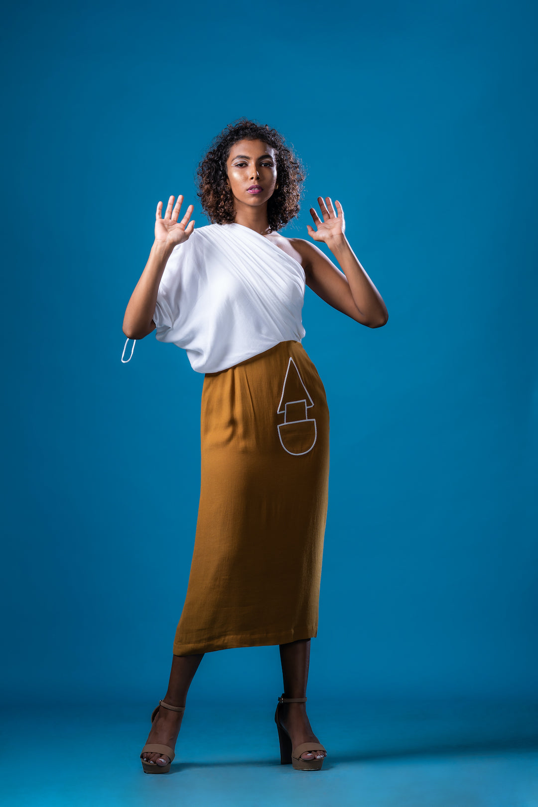 White And French Ochre One Shoulder Midi Dress - Khushboo Haran Borkar