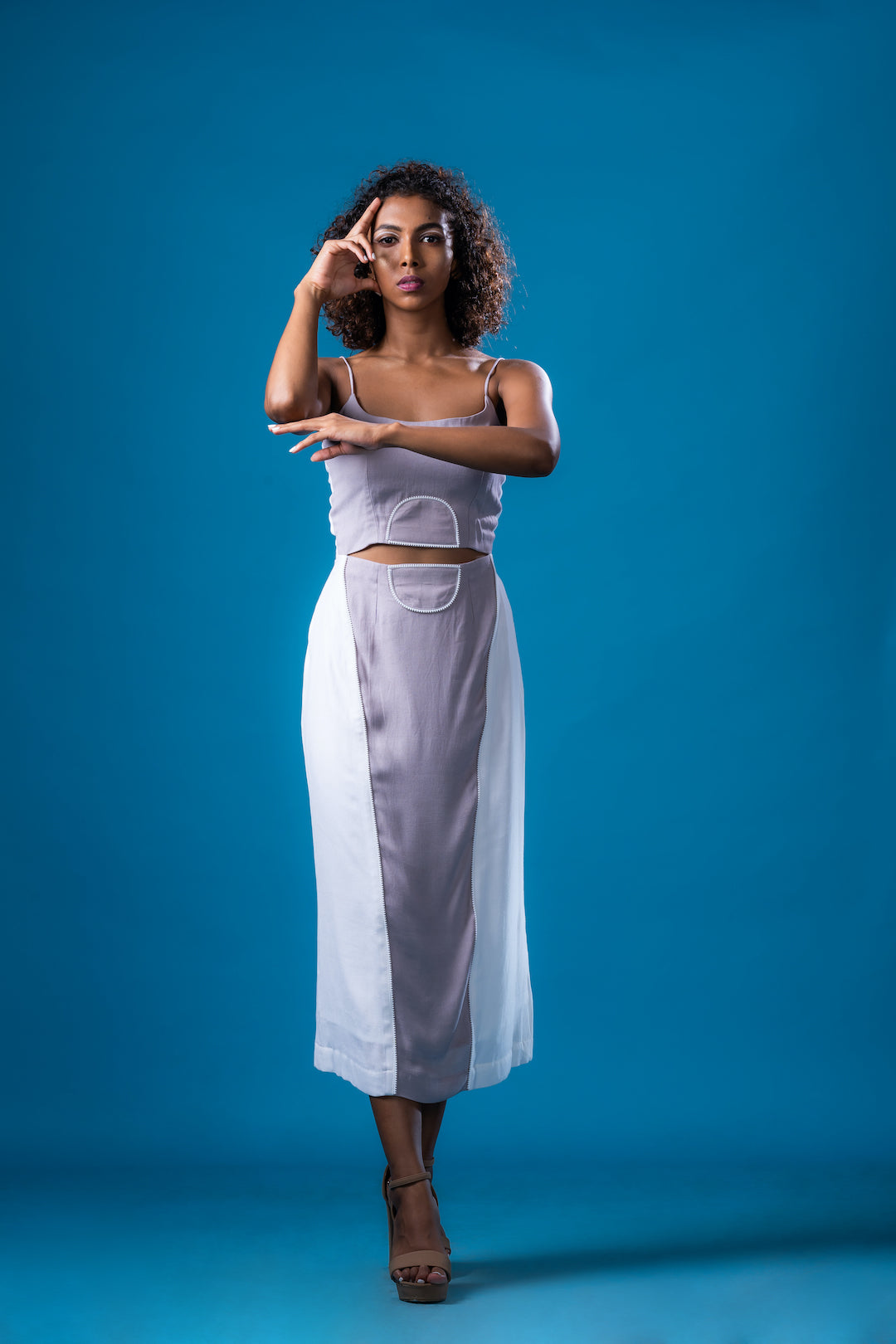 Sepia Grey And White Colour Blocked Cami Midi Dress - Khushboo Haran Borkar