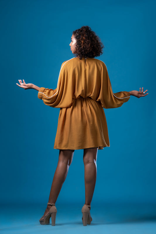 French Ochre Drawstring Waist Tie Detail Dress - Khushboo Haran Borkar