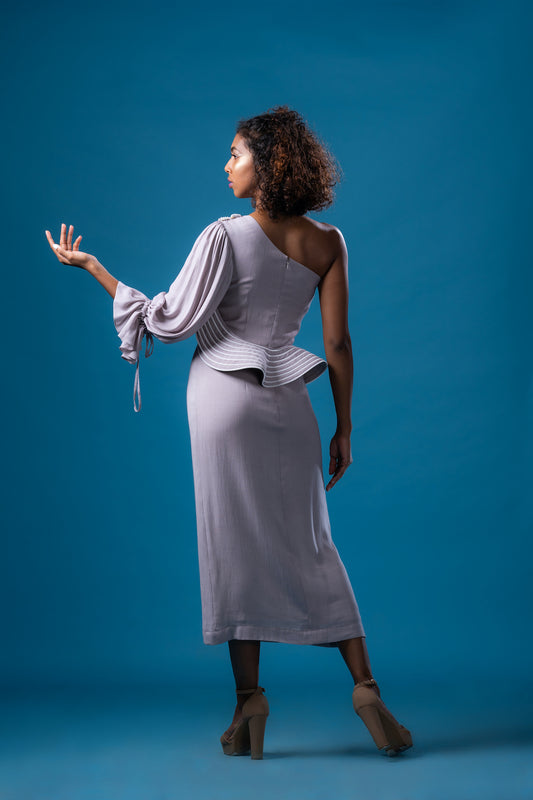 One Shoulder Sepia Grey Midi Dress - Khushboo Haran Borkar