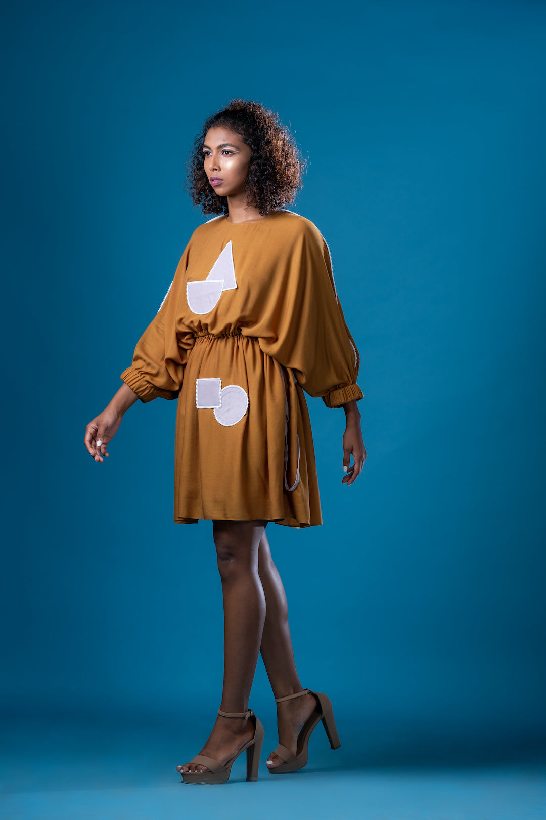 French Ochre Drawstring Waist Tie Detail Dress - Khushboo Haran Borkar