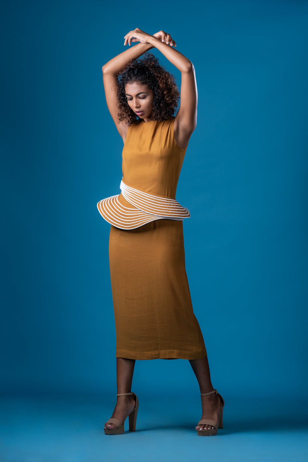 Sleevless French Ochre Midi Dress - Khushboo Haran Borkar