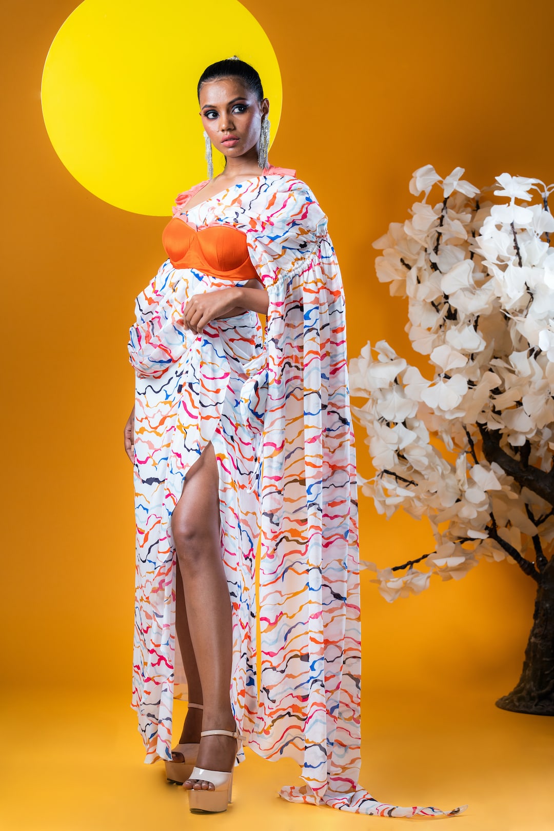 Orange Halter Blouse With White Pre Stitched Saree Gown - Khushboo Haran Borkar