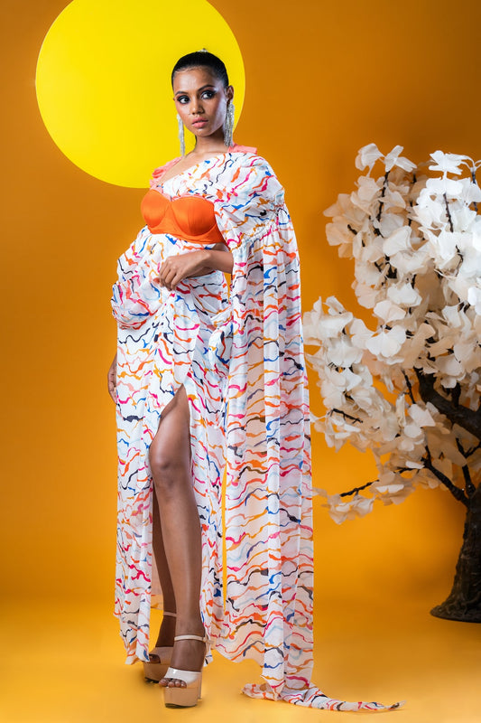 Orange Halter Blouse With White Pre Stitched Saree Gown - Khushboo Haran Borkar