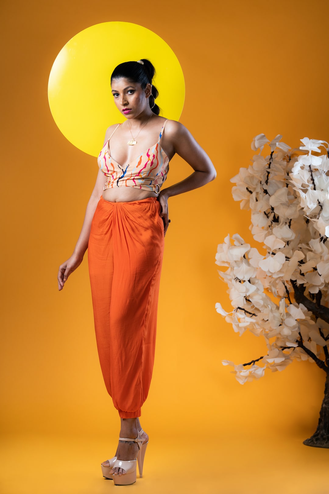 Cream Cross Wrap Top With Orange Front Cross Pleated Cuffed Pants - Khushboo Haran Borkar