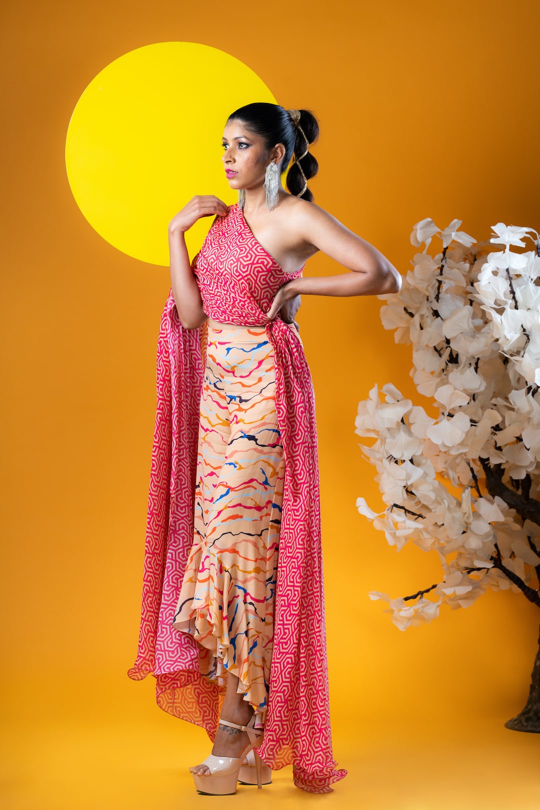 Geometric Print One Shoulder Ruched Top With High And Low Palazzo Pants - Khushboo Haran Borkar