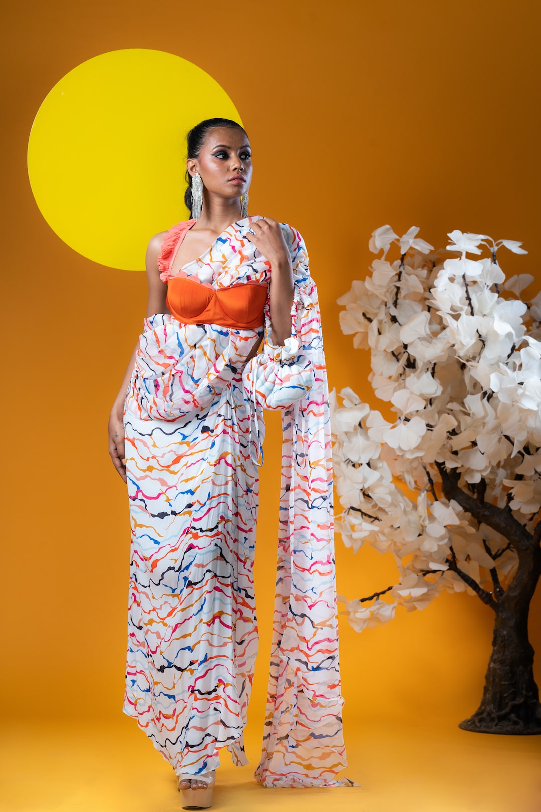 Orange Halter Blouse With White Pre Stitched Saree Gown - Khushboo Haran Borkar