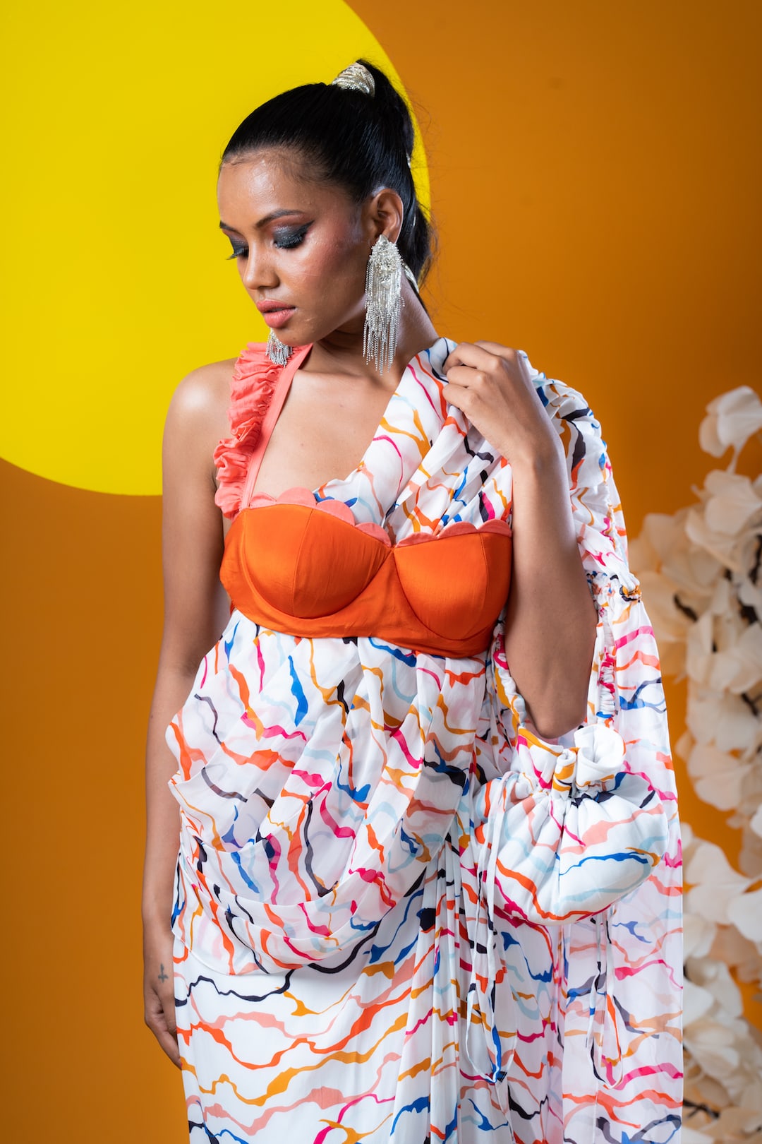 Orange Halter Blouse With White Pre Stitched Saree Gown - Khushboo Haran Borkar