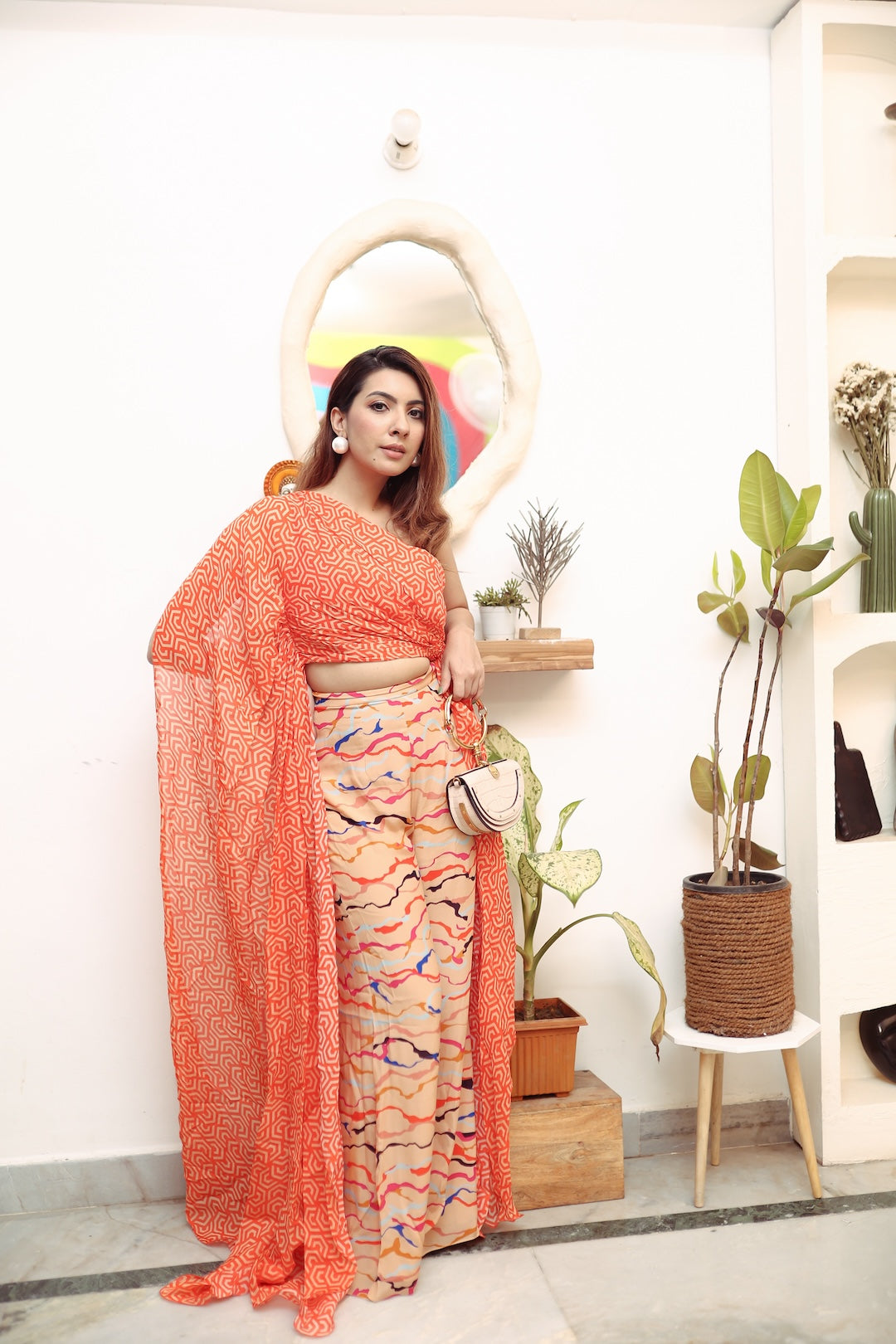 Niki Mehra in Geometric Print One Shoulder Ruched Top With Palazzo Pants