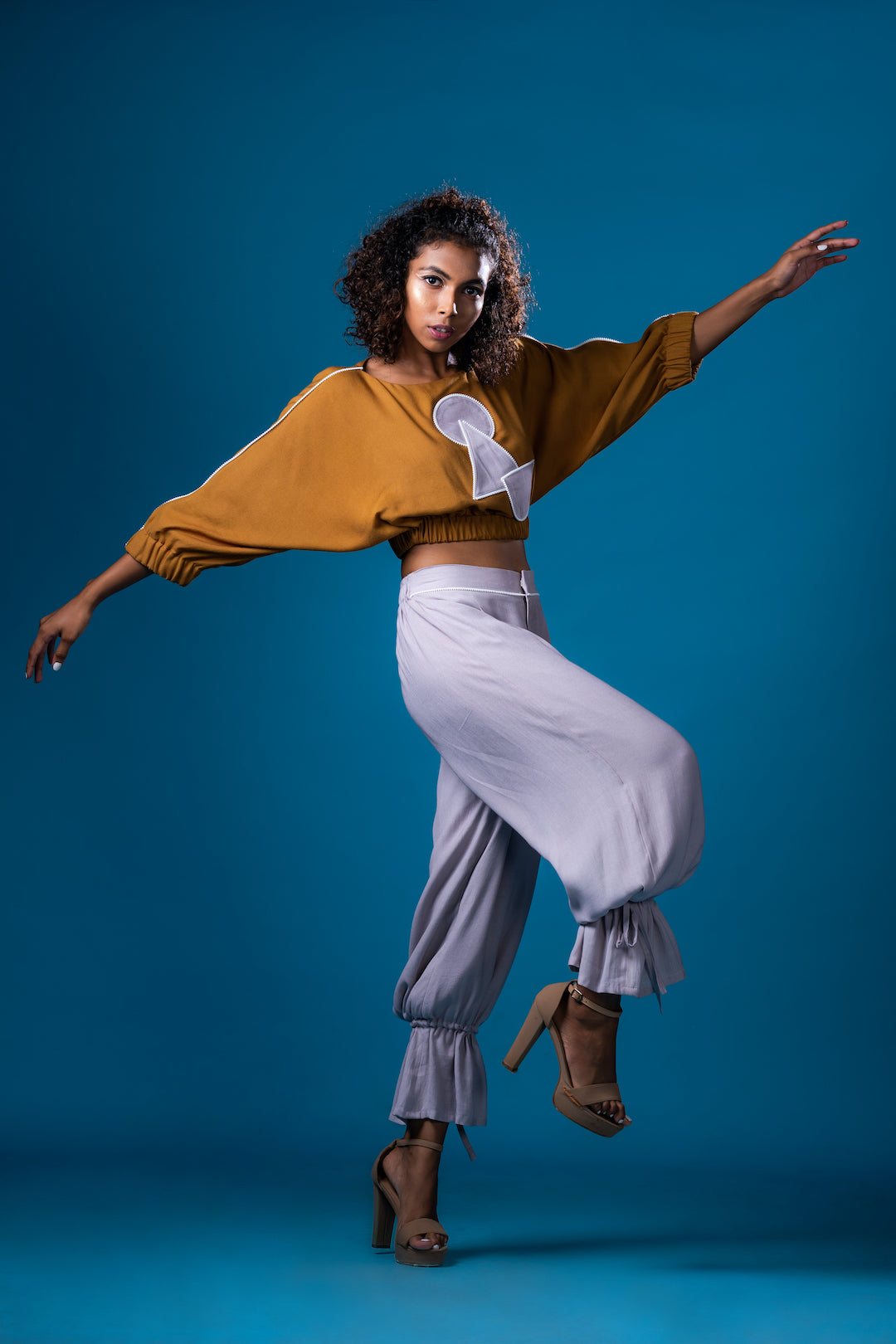 French Ochre Dolman Sleeve Top With Sepia Grey Cuffed Pants - Khushboo Haran Borkar