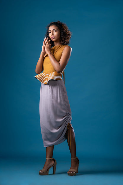 French Ochre Backless Peplum Top With Sepia Grey  Asymmetric Skirt - Khushboo Haran Borkar