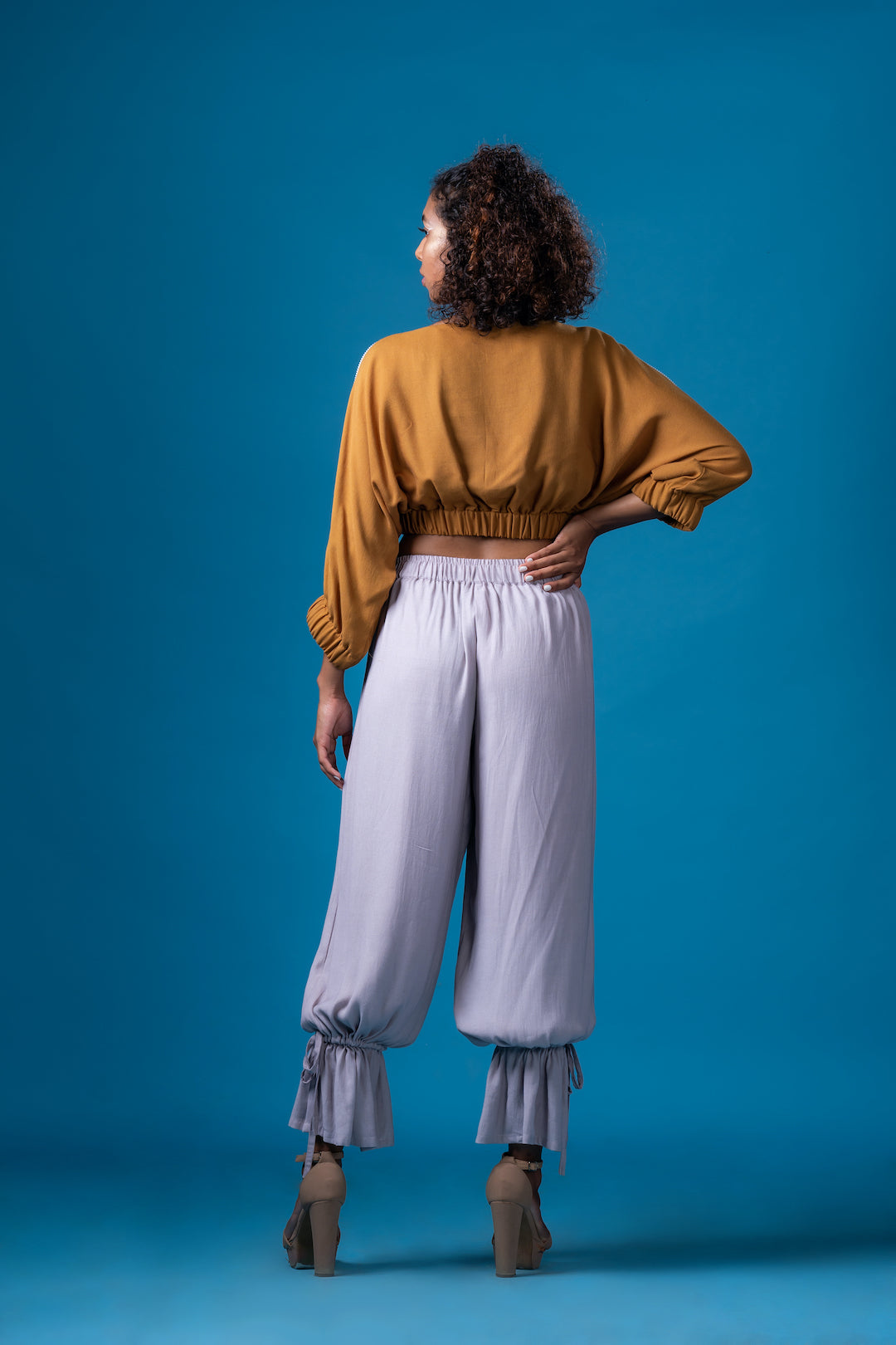 French Ochre Dolman Sleeve Top With Sepia Grey Cuffed Pants - Khushboo Haran Borkar