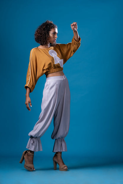 French Ochre Dolman Sleeve Top With Sepia Grey Cuffed Pants - Khushboo Haran Borkar