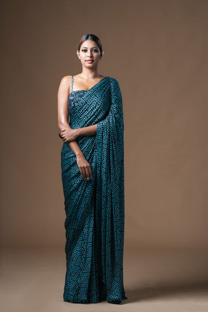 Cyan Drawstring Drape Satin Saree - Khushboo Haran Borkar