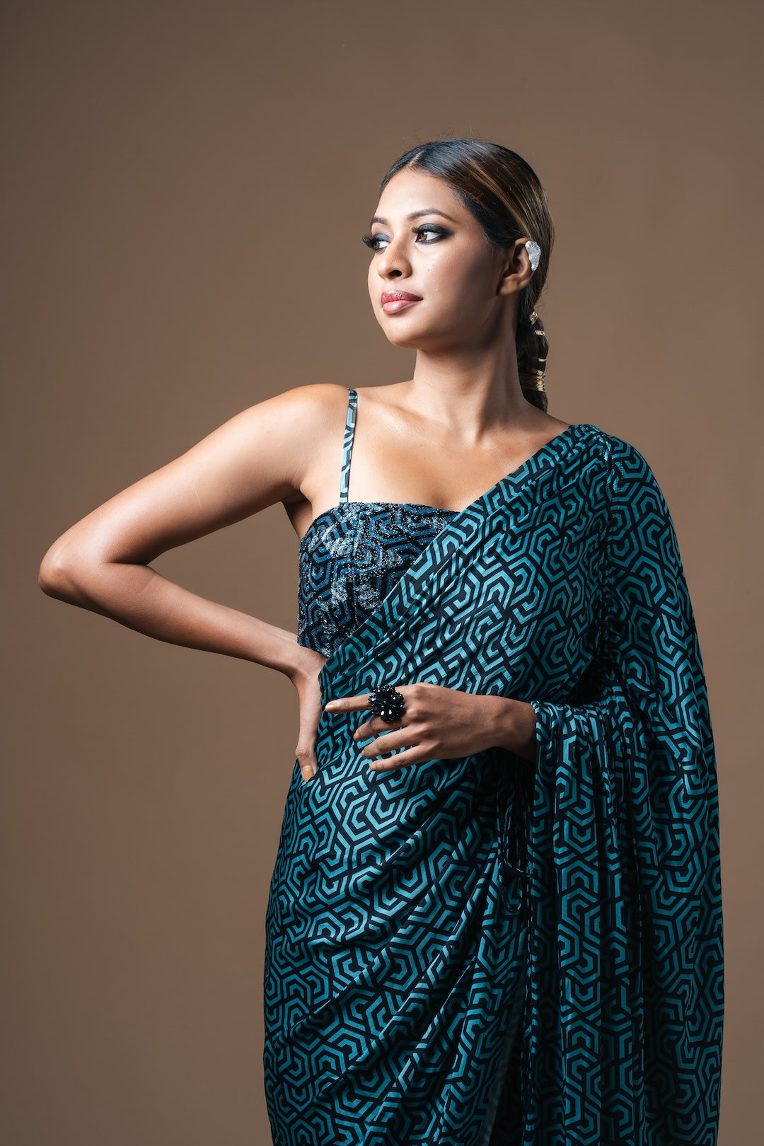 Cyan Drawstring Drape Satin Saree - Khushboo Haran Borkar