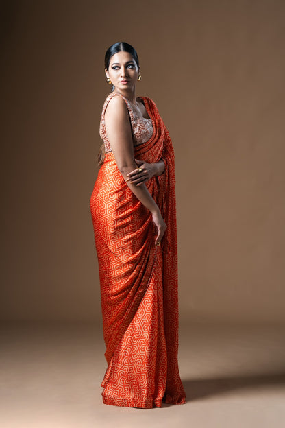 Orange Drawstring Drape Satin Saree