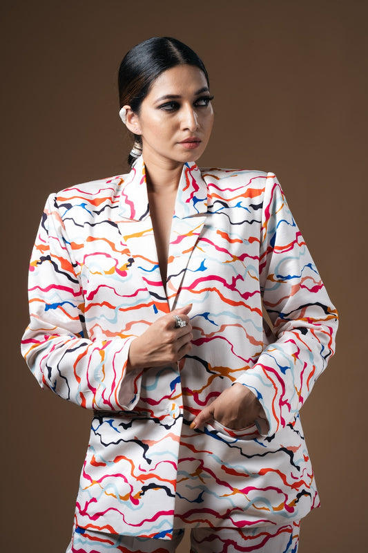 White Wave Printed Blazer - Khushboo Haran Borkar