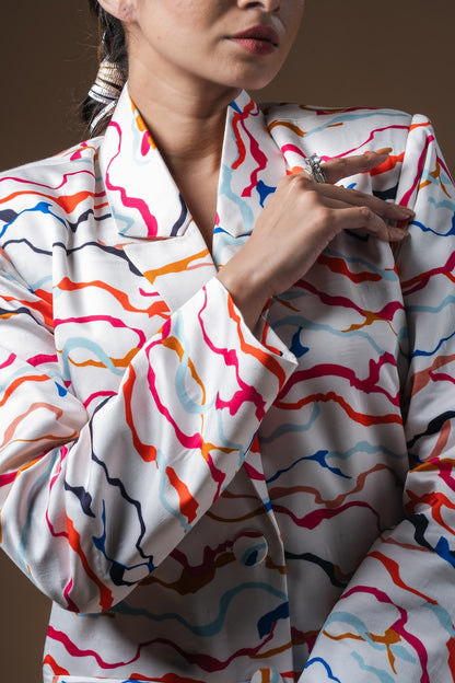 White Wave Printed Blazer - Khushboo Haran Borkar