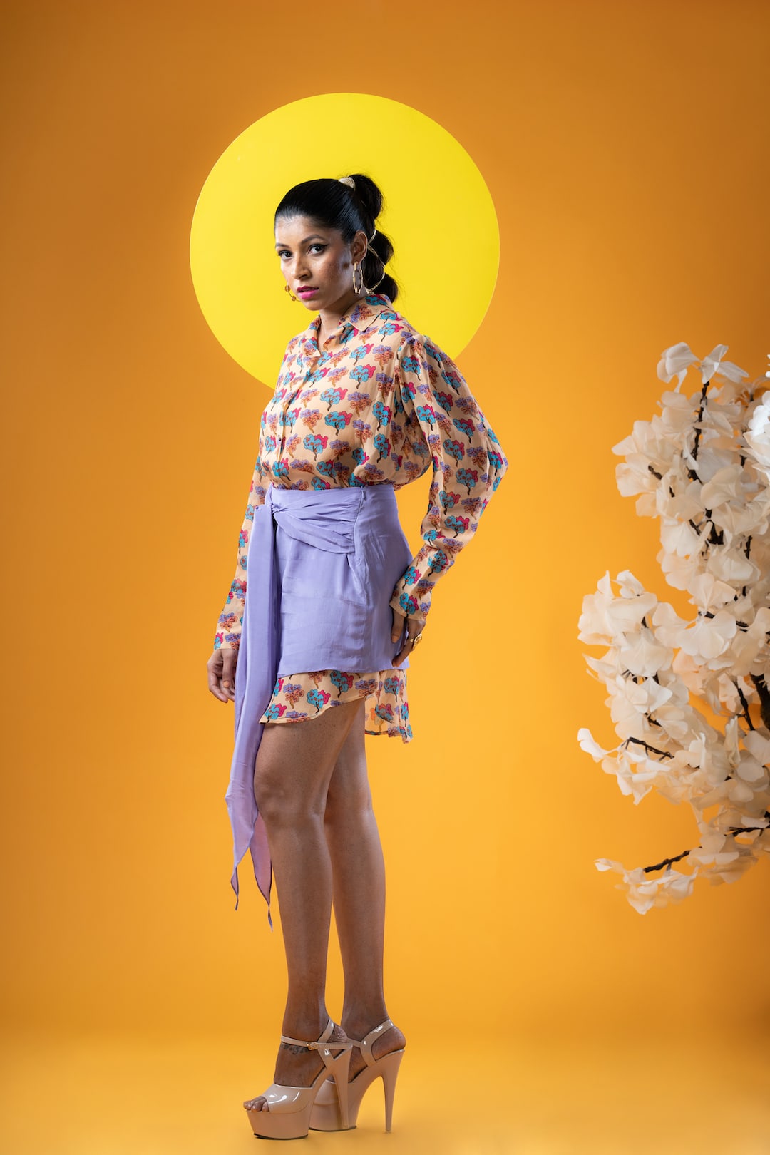 Cream Shirt Dress And Lilac Skirt With Tie-knot - Khushboo Haran Borkar