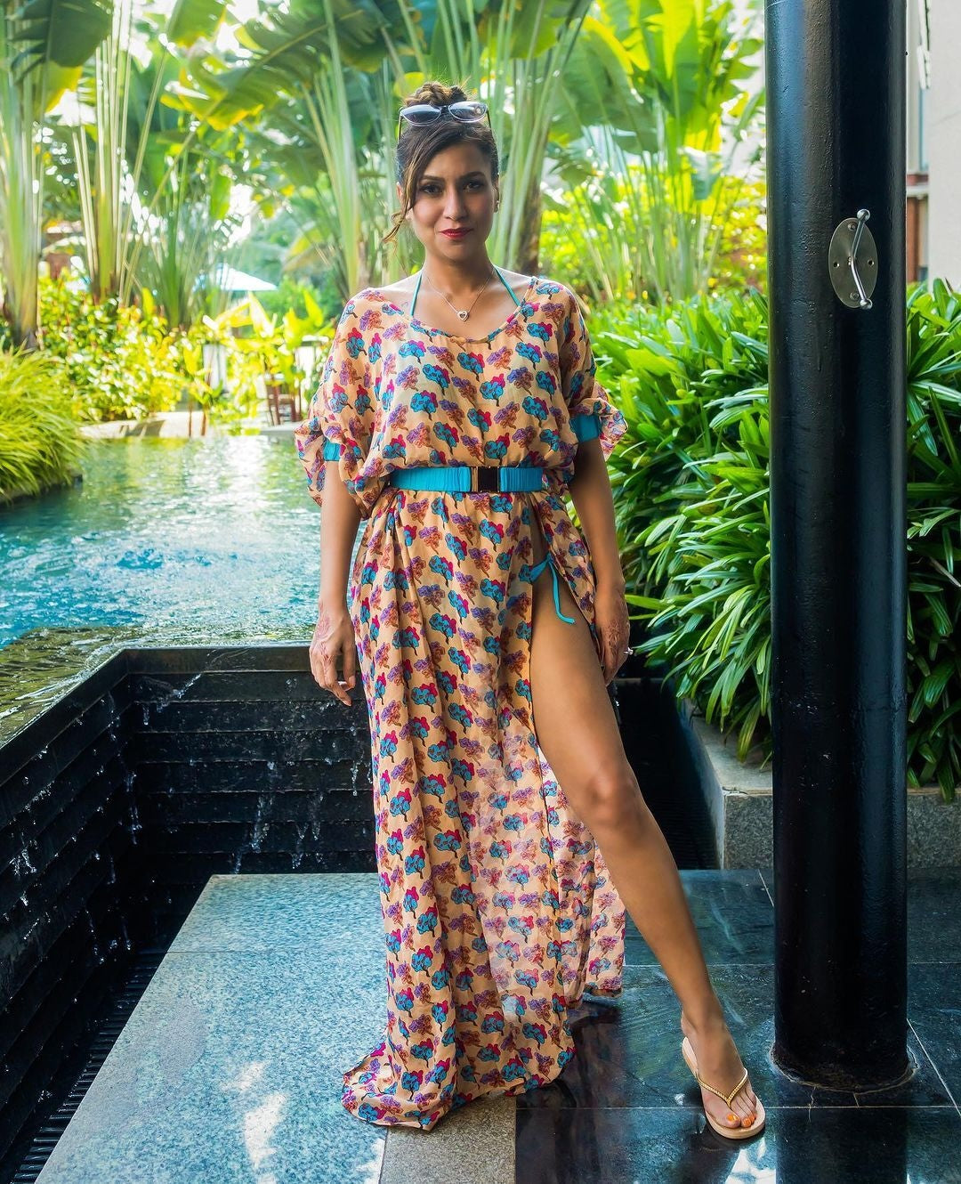 Nauheed Cyrus & Miss Malini in Kaftan Style Cream Off Shoulder Slit Maxi Dress