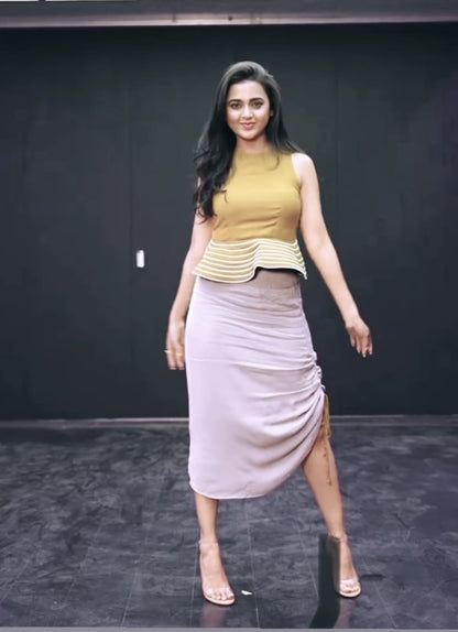 Tejaswi Prakash in French Ochre Backless Peplum Top With Sepia Grey  Asymmetric Skirt