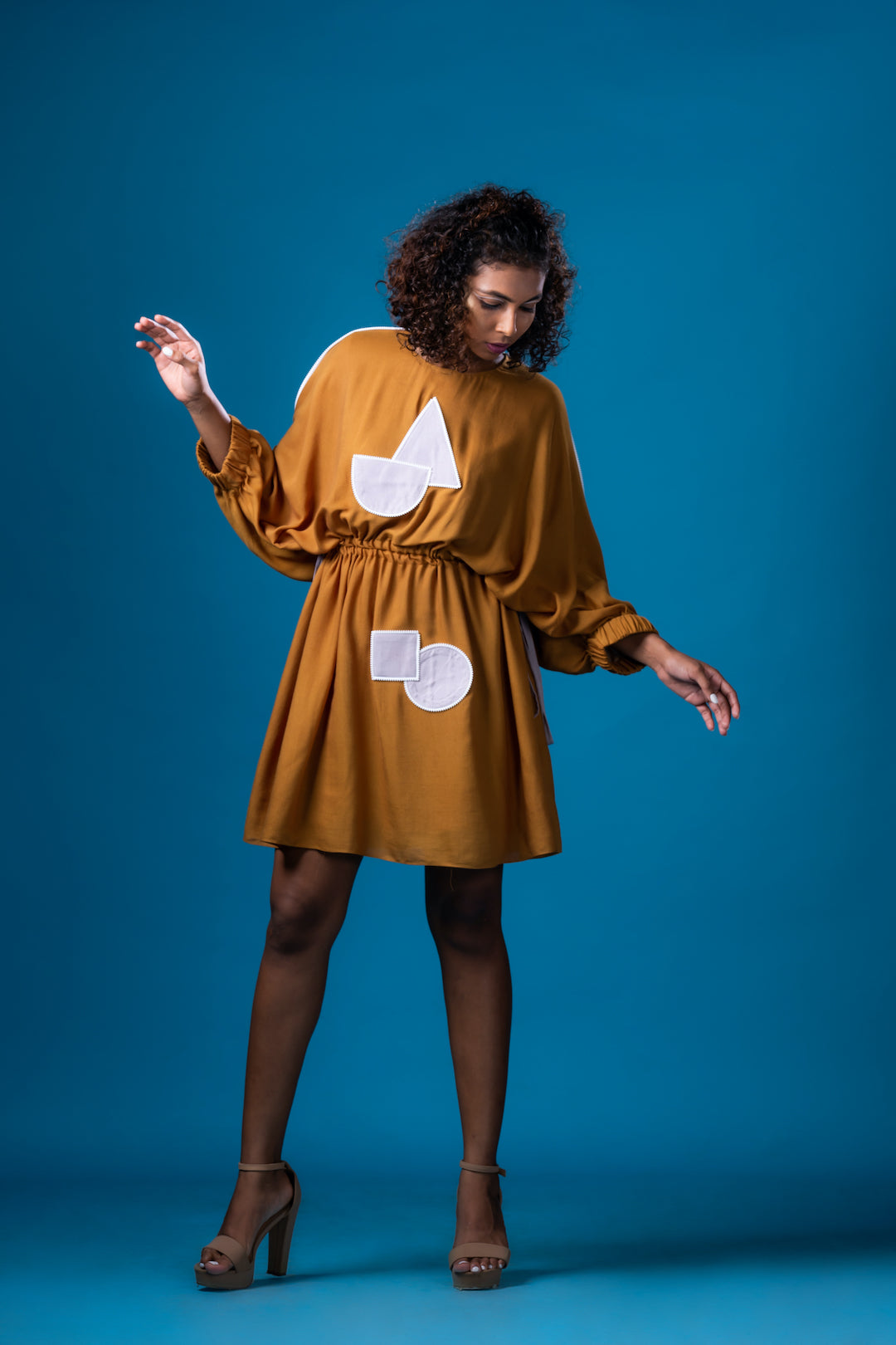 French Ochre Drawstring Waist Tie Detail Dress - Khushboo Haran Borkar