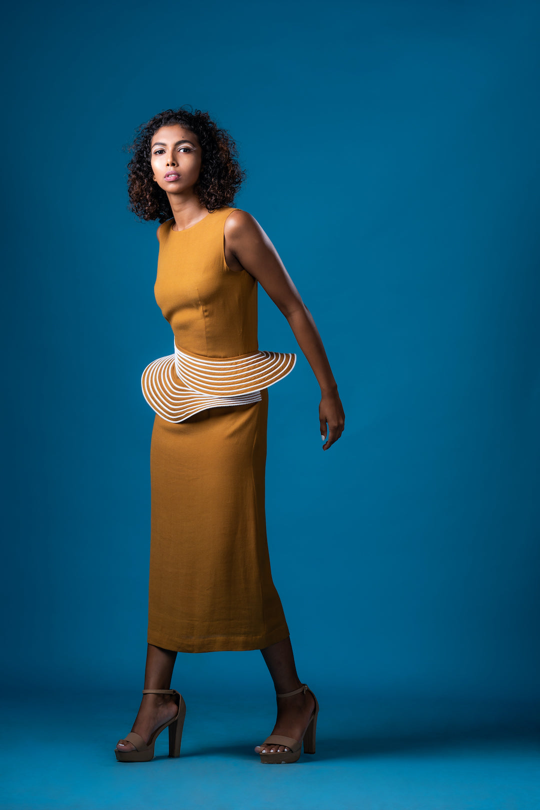 Sleevless French Ochre Midi Dress - Khushboo Haran Borkar