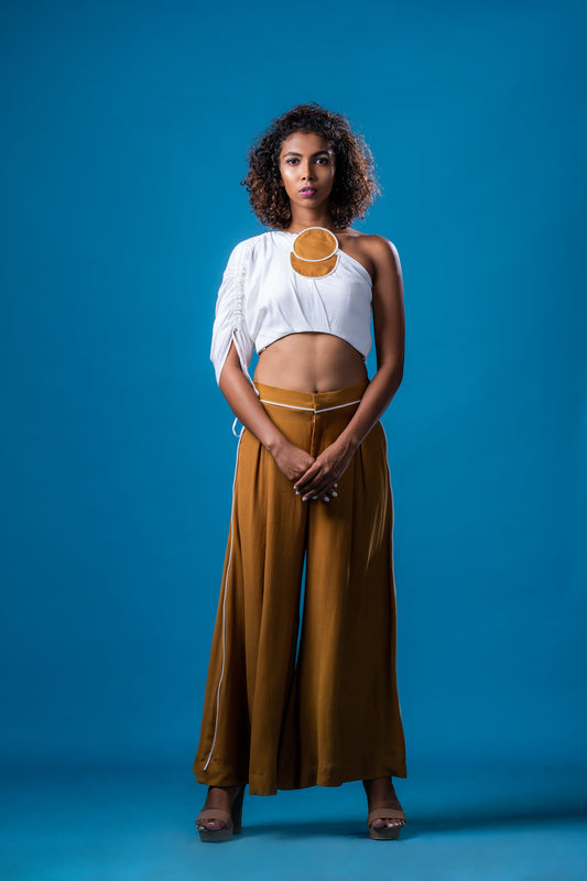 White One Shoulder Top With French Ochre Palazzo Pants - Khushboo Haran Borkar