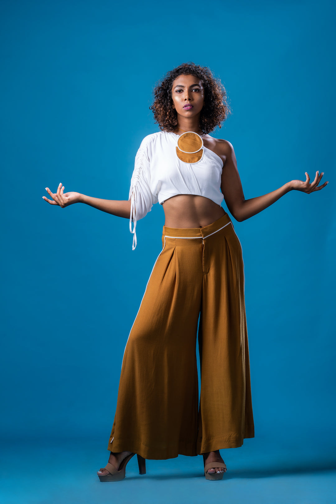 White One Shoulder Top With French Ochre Palazzo Pants - Khushboo Haran Borkar