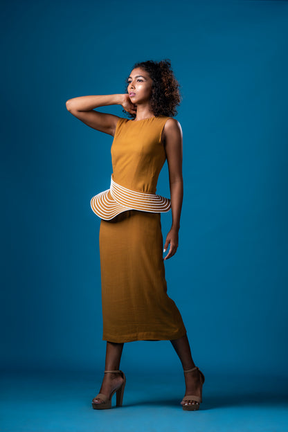 Sleevless French Ochre Midi Dress - Khushboo Haran Borkar