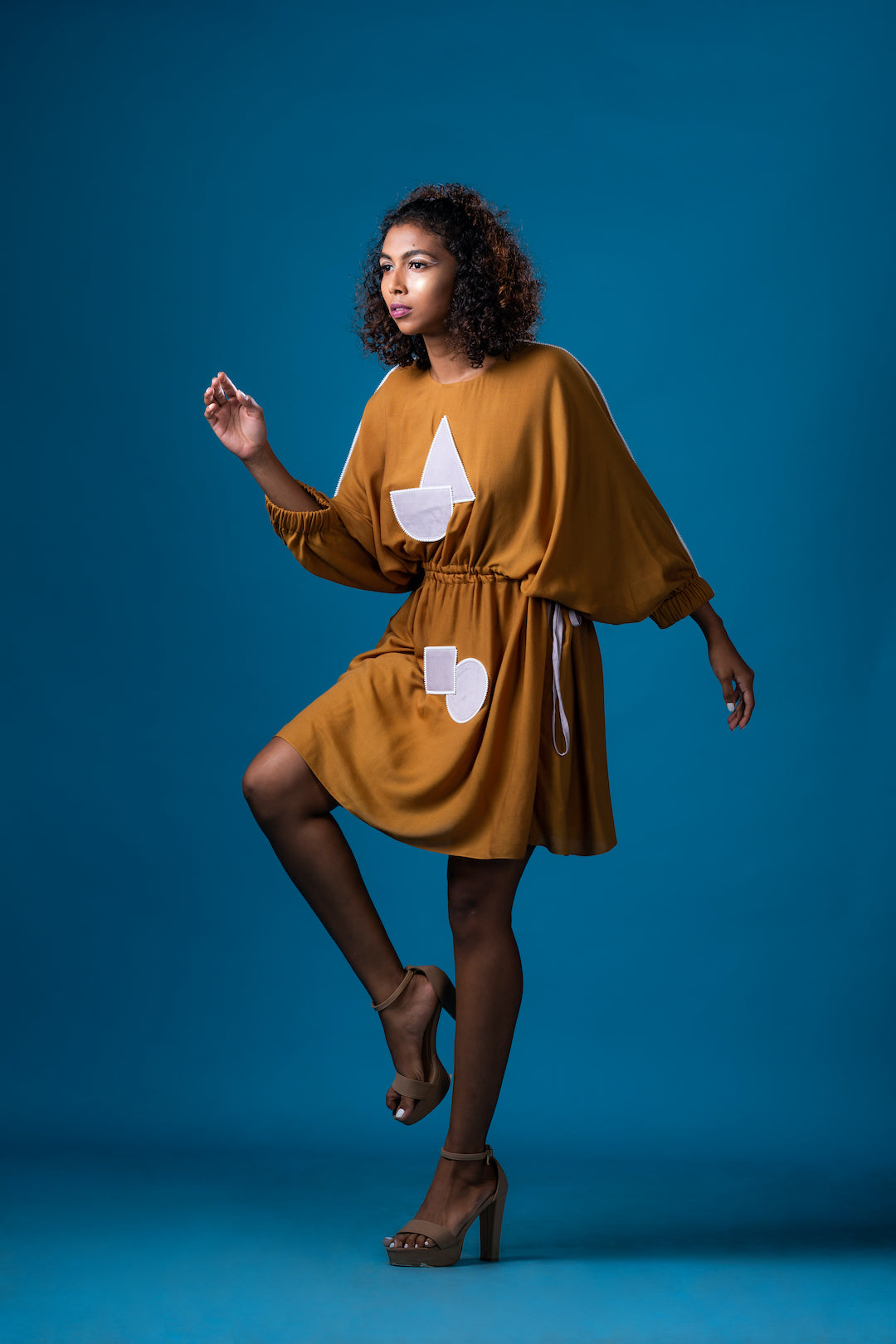 French Ochre Drawstring Waist Tie Detail Dress - Khushboo Haran Borkar