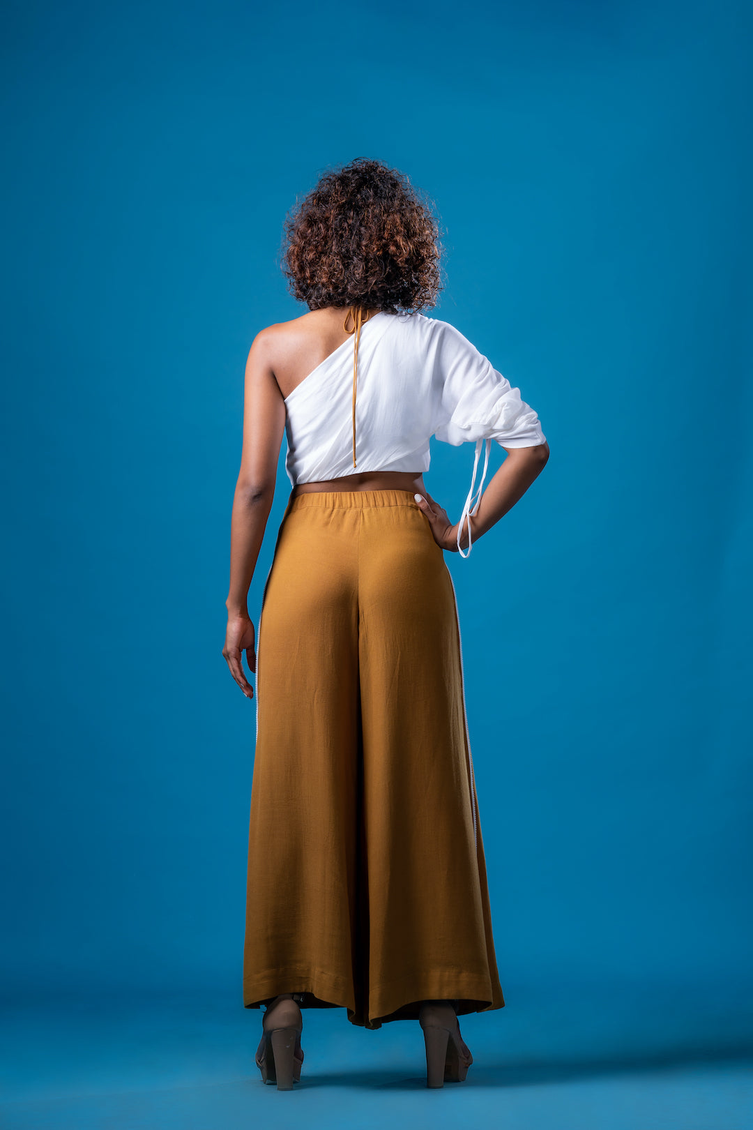 White One Shoulder Top With French Ochre Palazzo Pants - Khushboo Haran Borkar