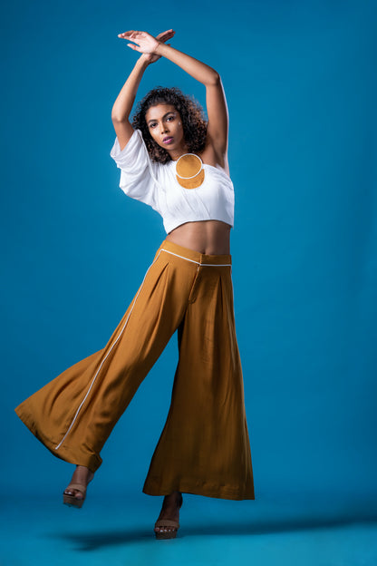 White One Shoulder Top With French Ochre Palazzo Pants - Khushboo Haran Borkar