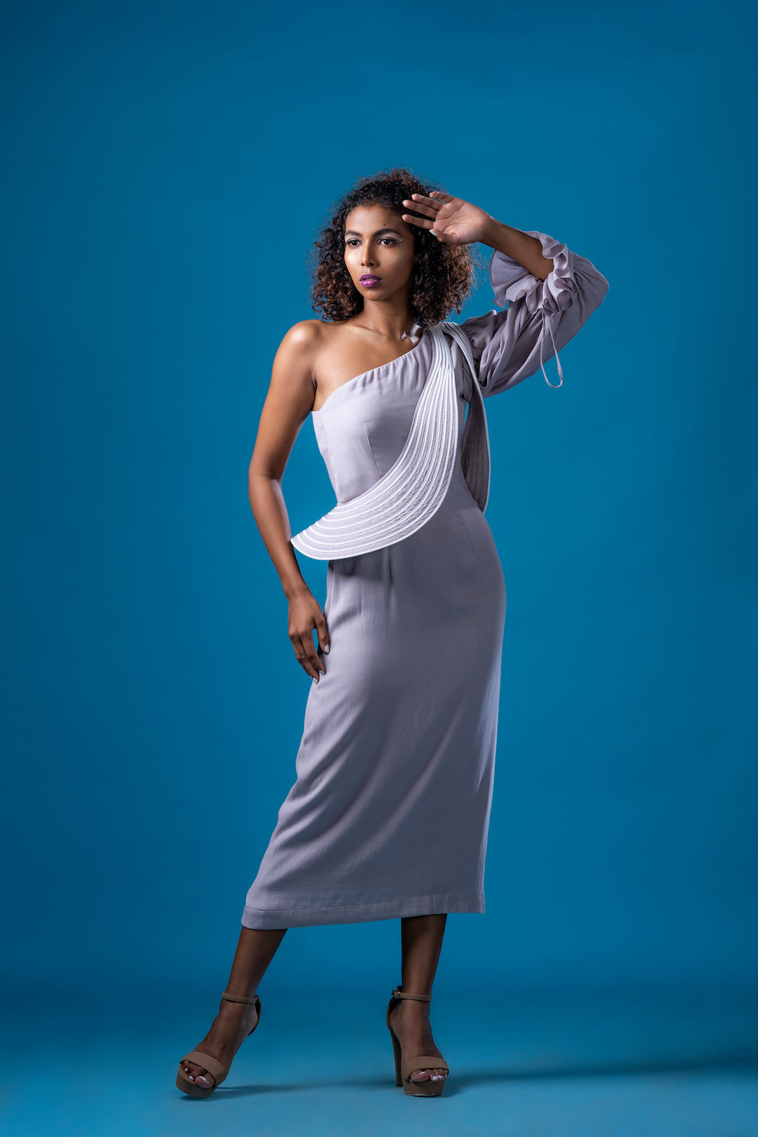 One Shoulder Sepia Grey  Midi Dress - Khushboo Haran Borkar