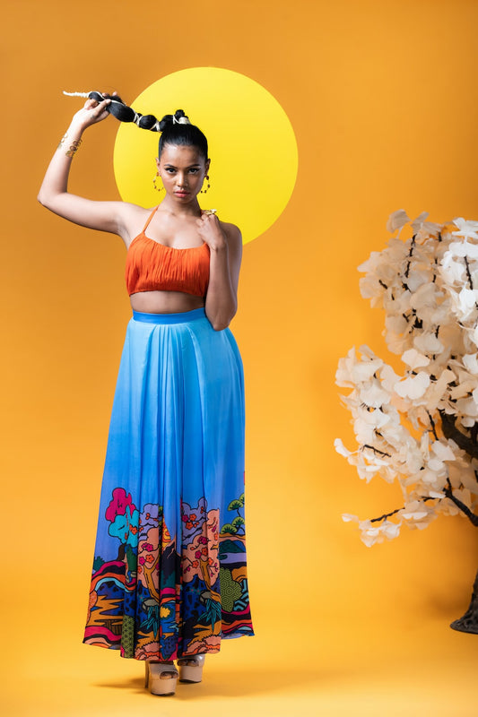 Ruched Orange Top With Blue Maxi Skirt - Khushboo Haran Borkar