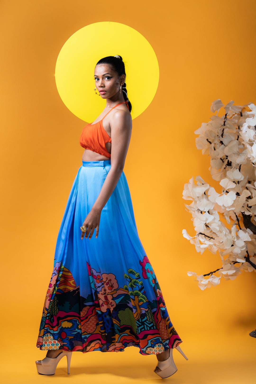 Ruched Orange Top With Blue Maxi Skirt - Khushboo Haran Borkar