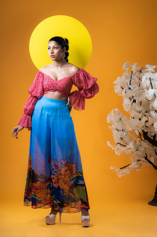 Ruched Orange Top With Blue Maxi Skirt - Khushboo Haran Borkar