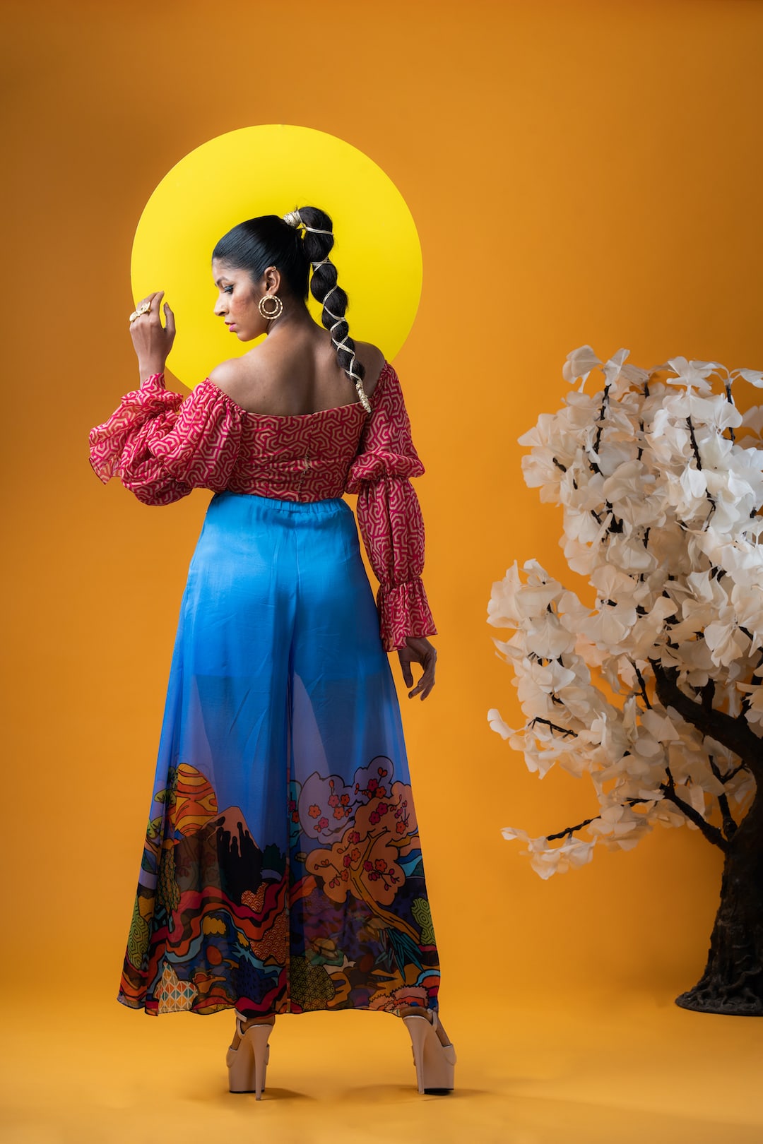 Ruched Orange Top With Blue Maxi Skirt - Khushboo Haran Borkar