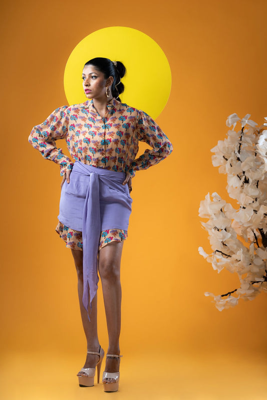 Cream Shirt Dress And Lilac Skirt With Tie-knot - Khushboo Haran Borkar